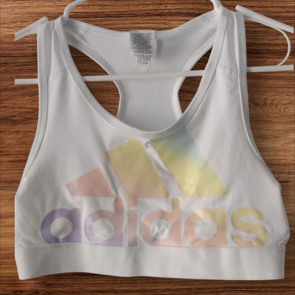 Adidas Girls White Sports Bra with Rainbow Logo - Picture 3 of 5